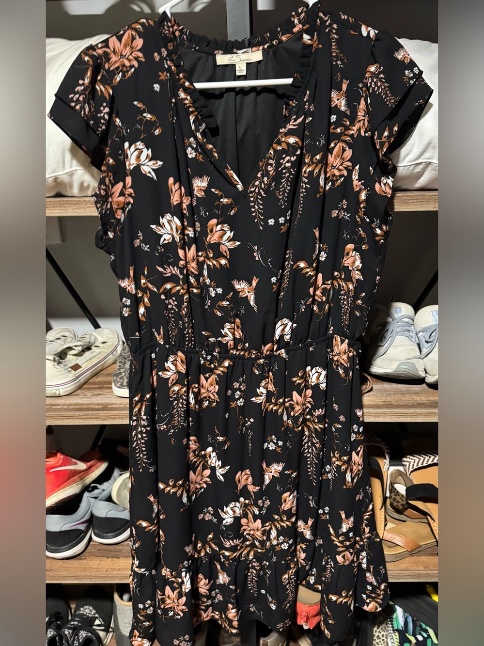 Women's Black Floral Midi Dress with Peach Print by Unknown Brand